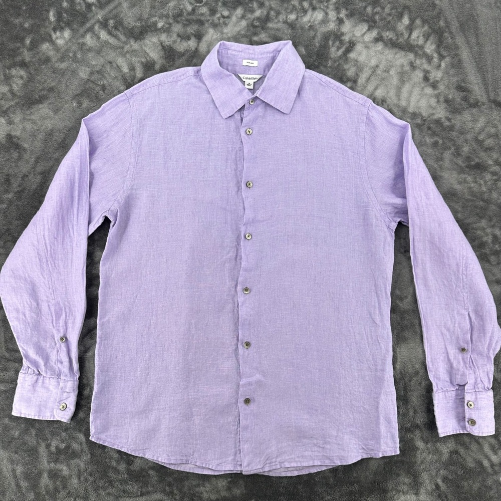 Calvin Klein Mens Mediun Purple 100% Linen Long Sleeve Button Down Shirt - Picture 2 of 7